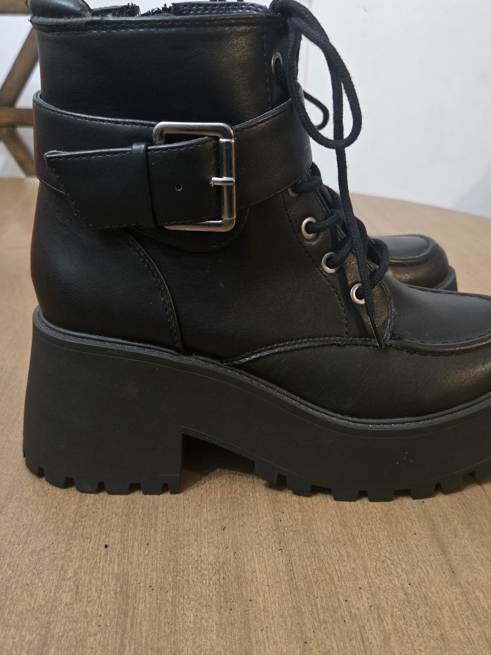 Soda Black Chunky Lug Lace-Up Ankle Boots with Buckle - Picture 9 of 16
